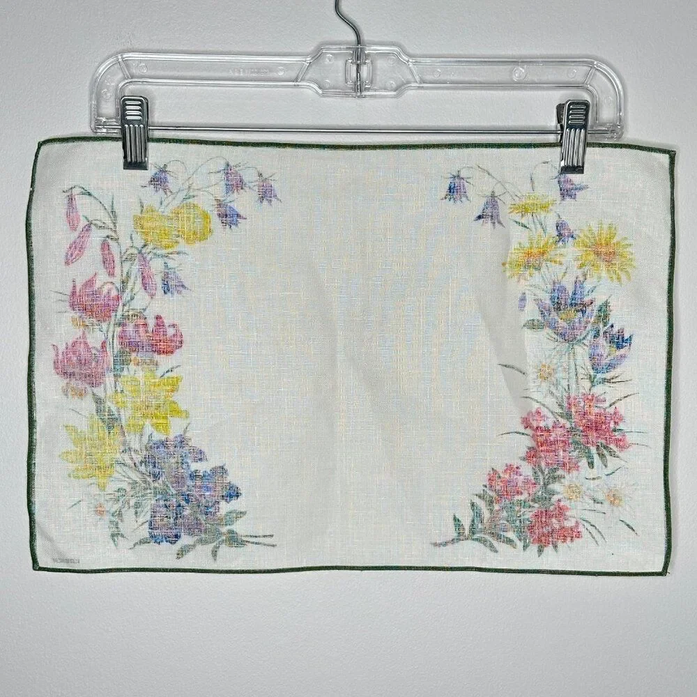Kreier Swedish Vintage Linen Floral and Green Trim Napkins Placemats Set of 4